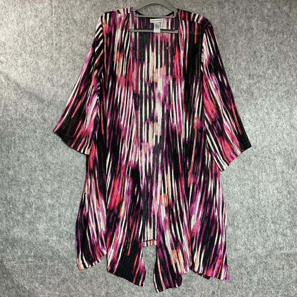 Catherines Sweater Womens Plus 2X Black Pink Open Front Kimono Duster Boho